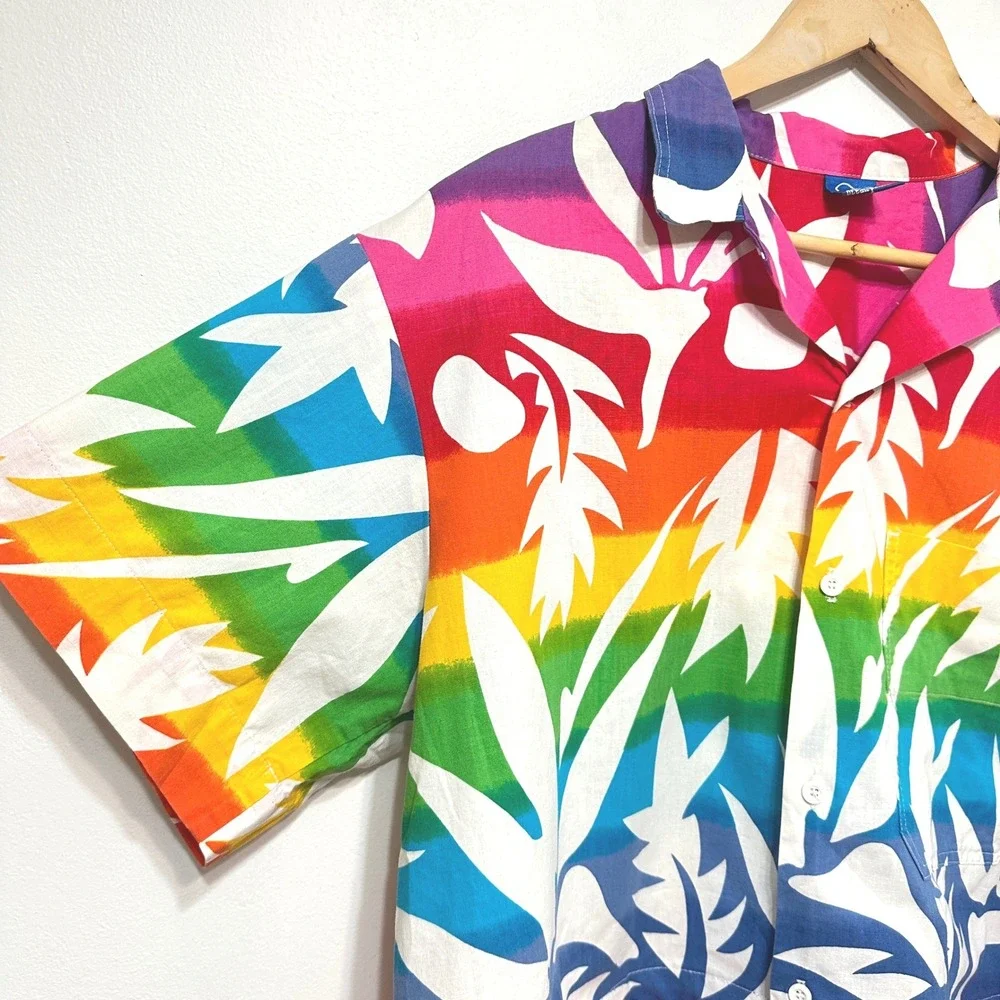 Vintage‎ Ocean Pacific Rainbow Palm Button Up Camp Shirt XL Boxy Crop Beach 80s